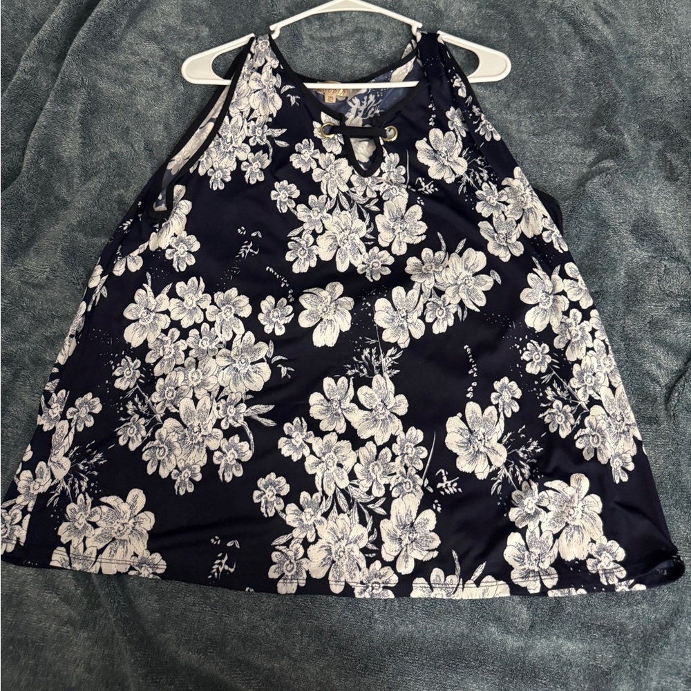 Navy and White Floral shirt with Gold Accents